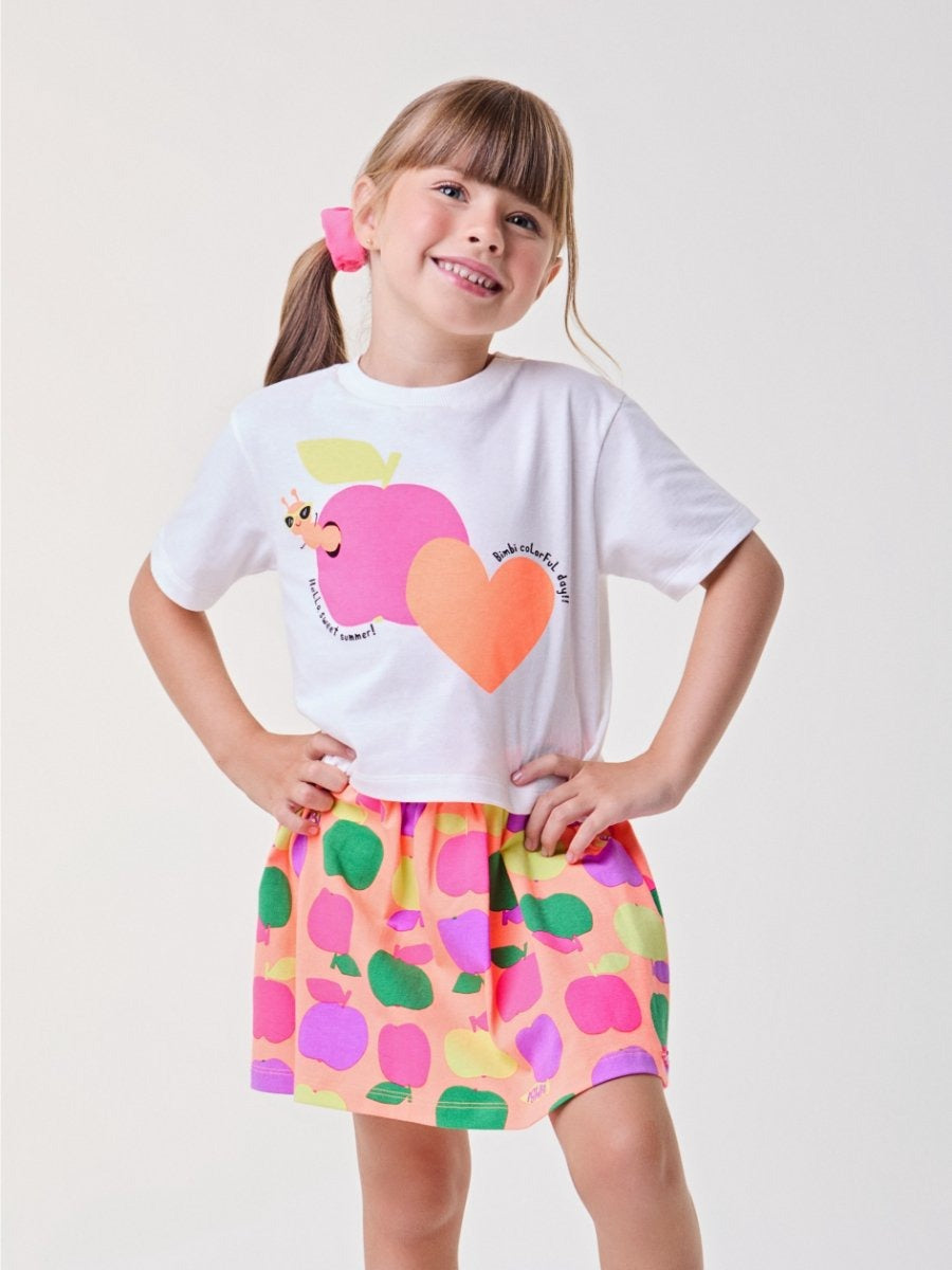 Conjunto Infantil Bimbi Verão com Saia Laranja e Blusa Branca Maçãzinha
