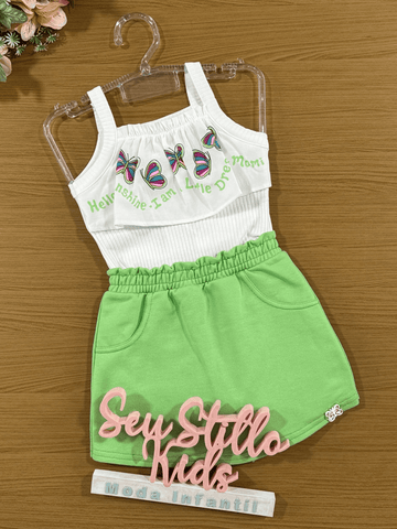 Conjunto Infantil Momi Verão Shorts Saia Verde e Blusa Regata Borboleta