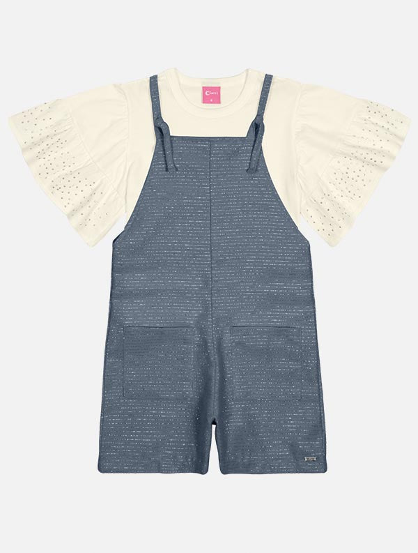 Jardineira Infantil Cinti Verão em Lurex Com Blusa Off White Brilhos
