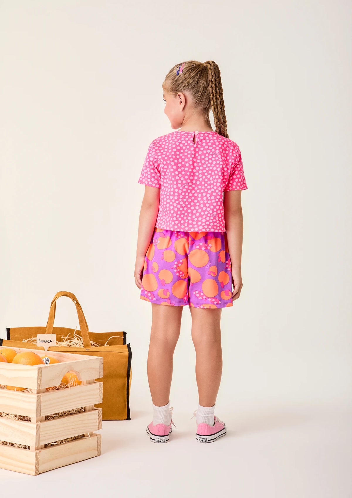 Conjunto Infantil Menina Bimbi Shorts Roxo e Blusa Rosa Poá