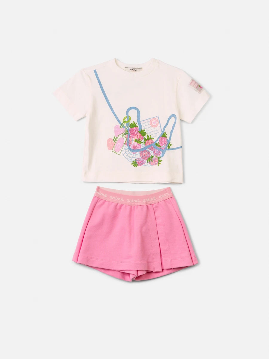 Conjunto Infantil Menina Animê com Shorts Saia Rosa e Blusa Moranguinho
