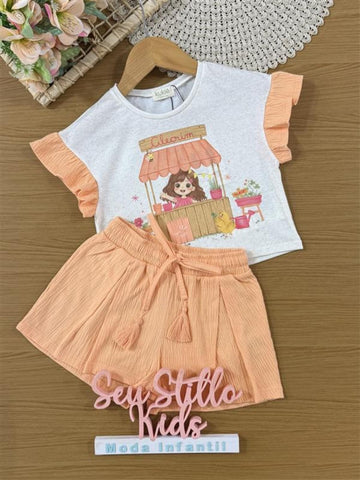 Conjunto Infantil Kukiê Verão com Shorts Laranja e Blusa Off White Menininha