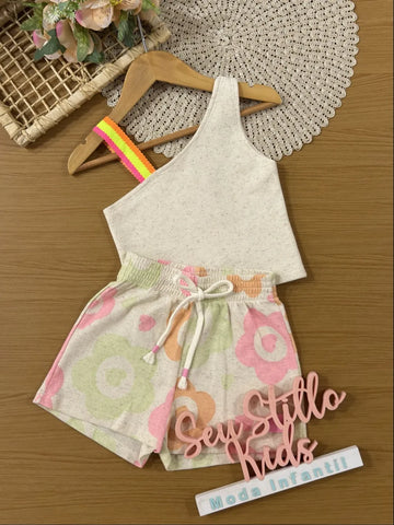 Conjunto Infantil Cinti Inverno Com Shorts e Cropped Bege Flores