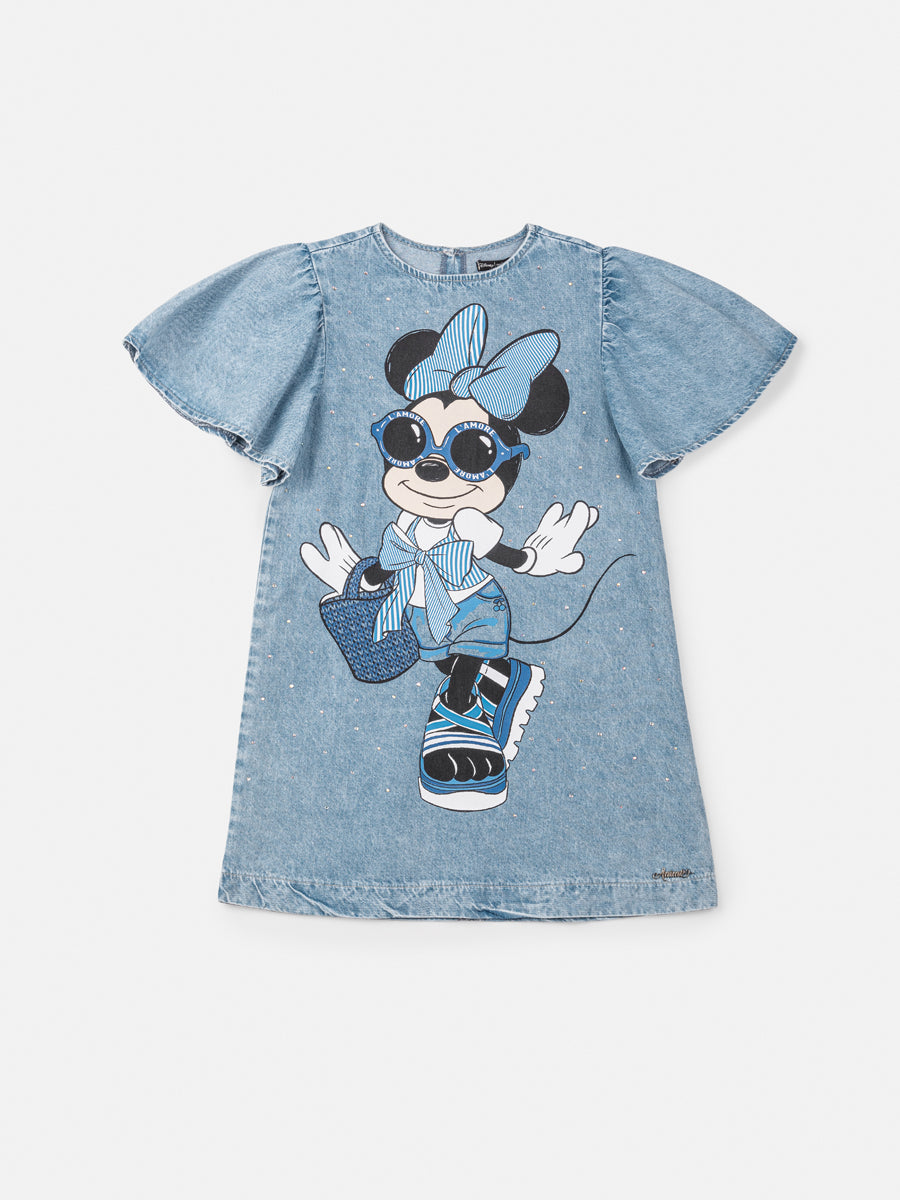 Vestido Infantil Animê Verão Jeans Minnie com Strass Disney