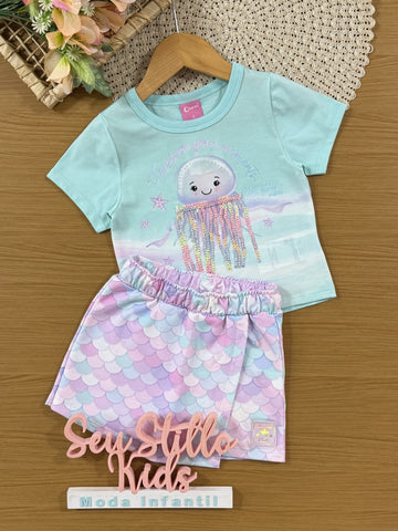 Conjunto Infantil Cinti Verão com Short Saia e Blusa Azul Água Viva