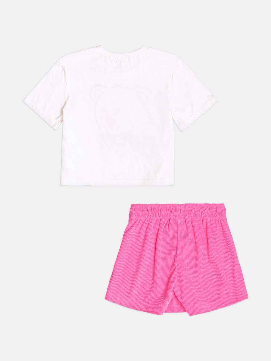 Conjunto Infantil Momi Inverno, Shorts Saia Rosa e Blusa Manga Curta Ursinha com Strass