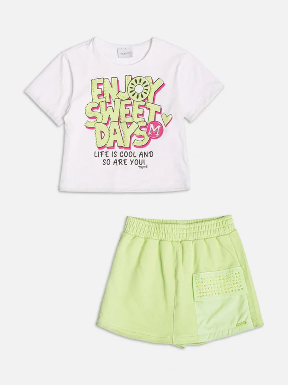 Conjunto Infantil Momi Verão Shorts Saia Verde e Blusa Enjoy