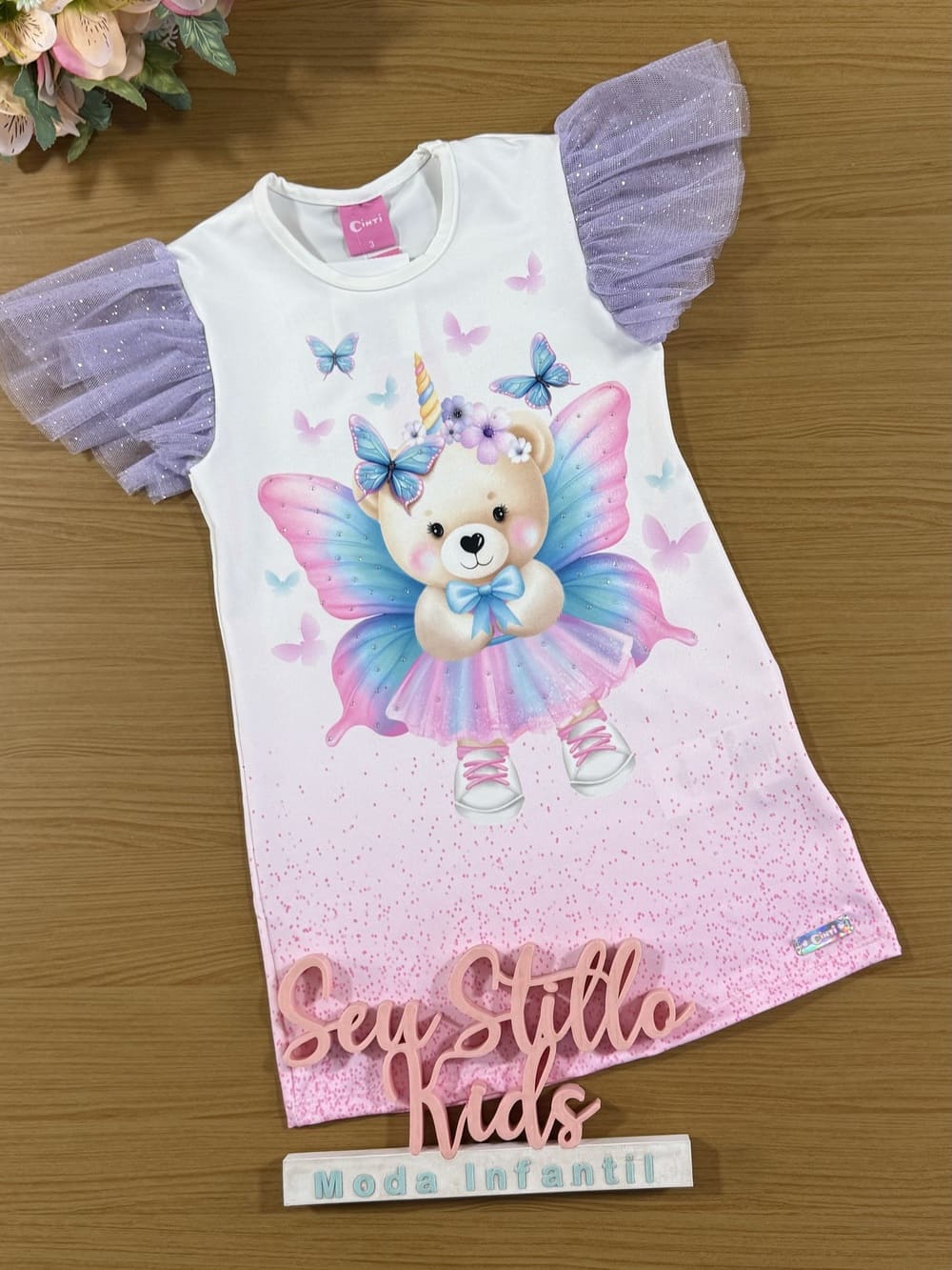 Vestido Infantil Cinti Verão Branco Ursinha Borboleta