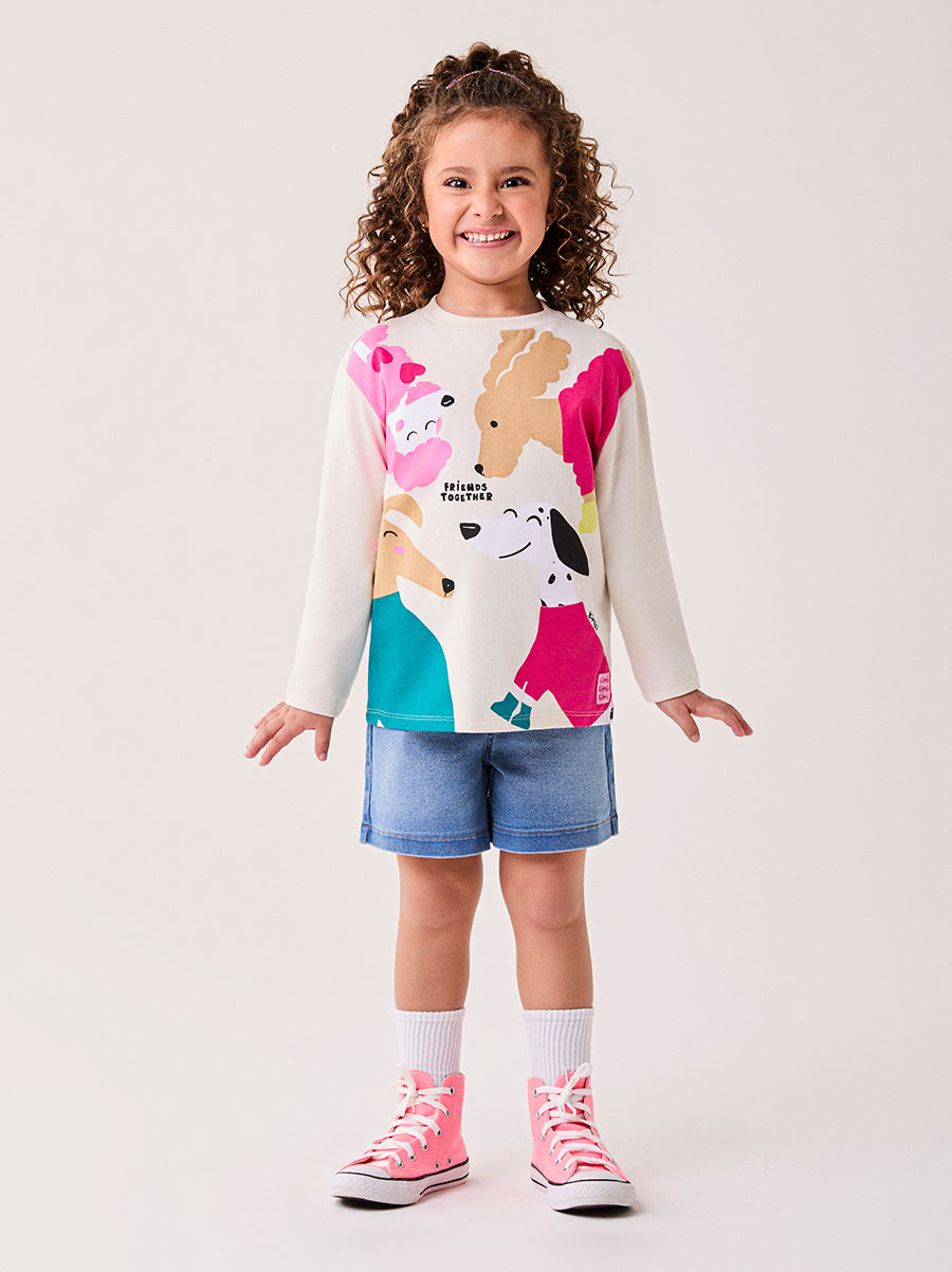 Blusa Infantil Bimbi Inveno Manga Longa Bege Cachorrinhos Friends