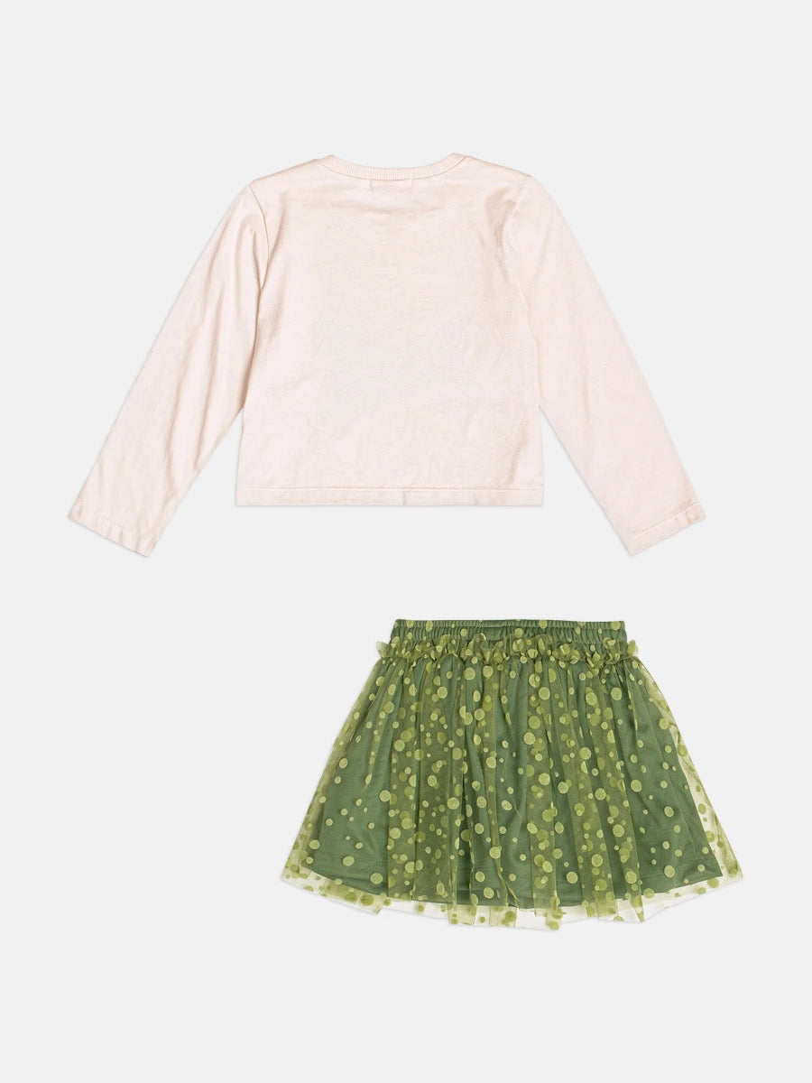 Conjunto Infantil Momi Inverno com Saia em Tule Verde e Blusa Manga Longa Ursinho Laço