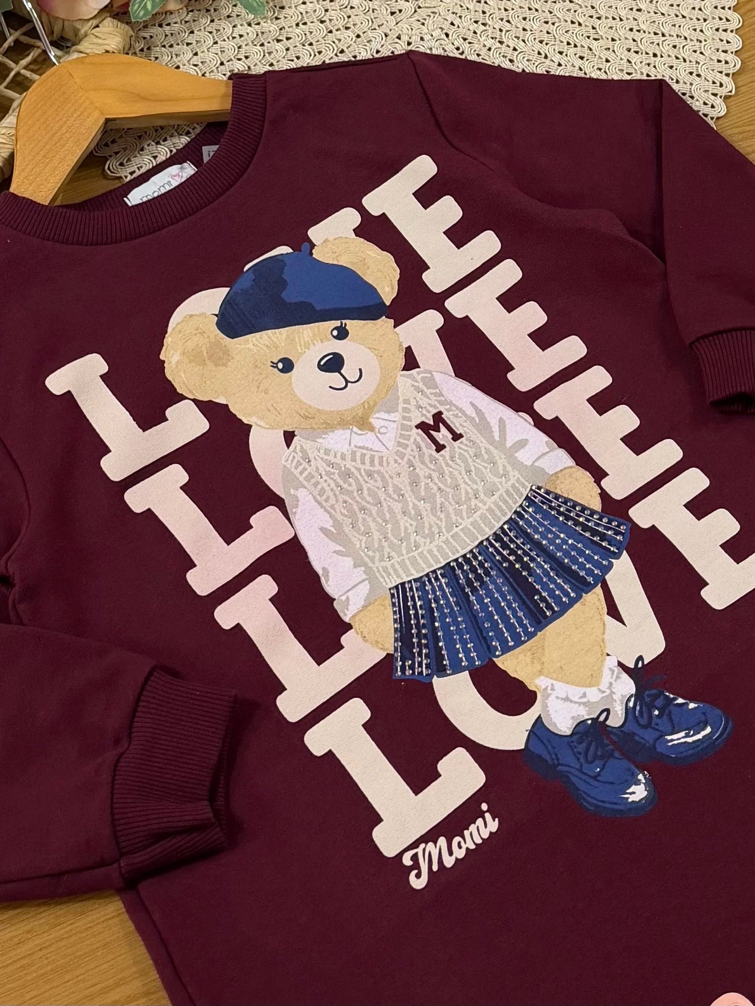 Vestido Infantil Momi Inverno Manga Longa Vinho Ursinha Love