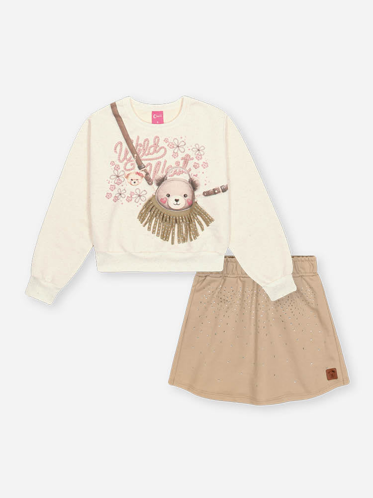 Conjunto Infantil Cinti Inverno com Shorts-Saia Bege e Blusa Manga Longa Ursinha 3d