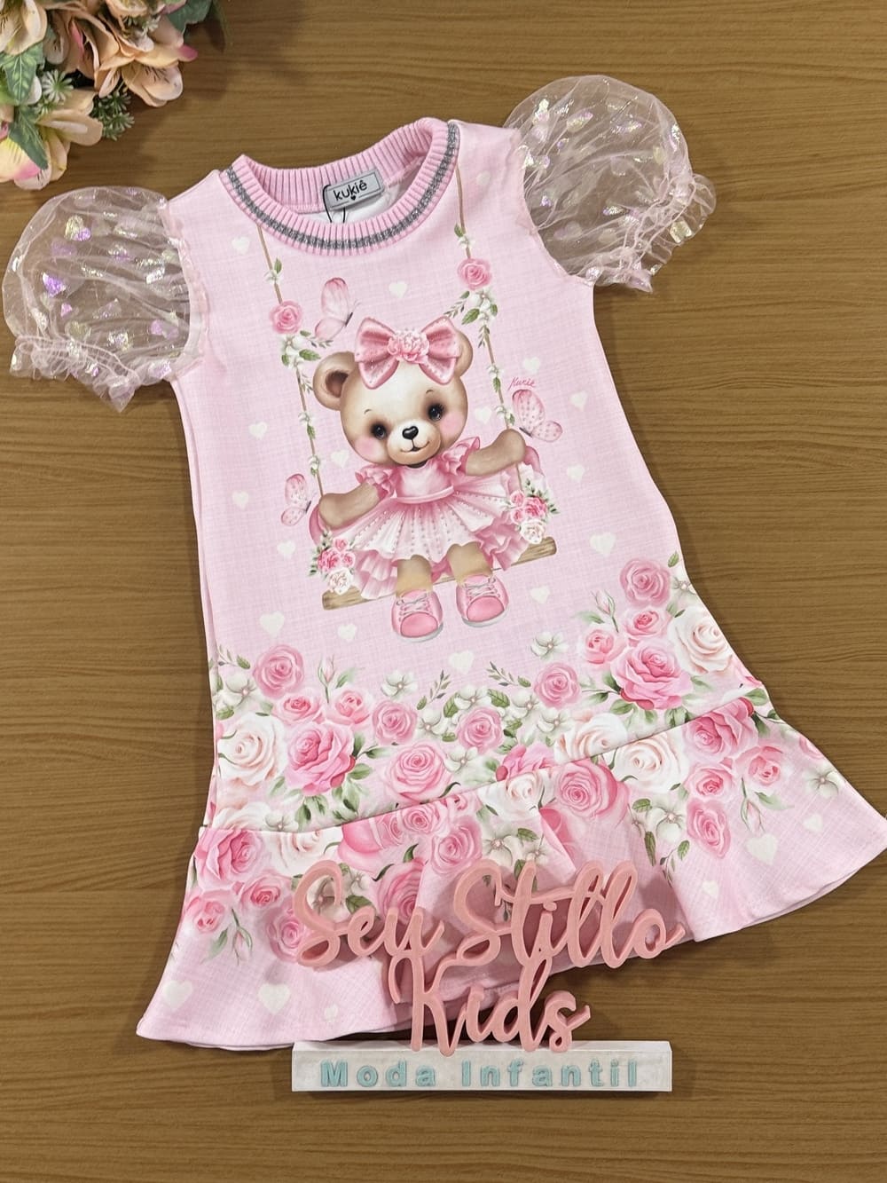 Vestido Infantil Kukie Verão Rosa Ursinha Fofa