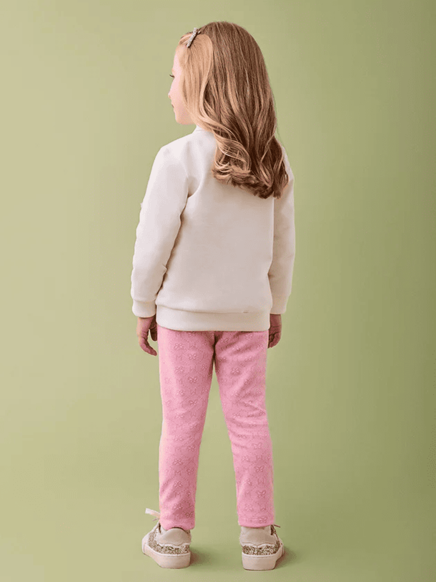 Conjunto Infantil Momi Inverno com Calça Rosa e Casaco Branco Borboleta com Strass