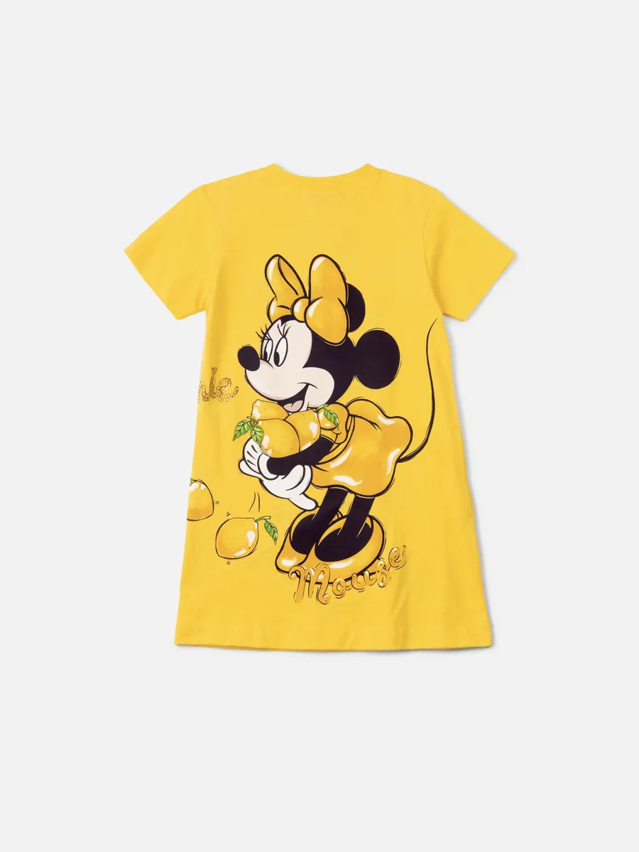 Vestido Infantil Animê Amarelo Mickey e Minnie Limãozinho Strass Disney