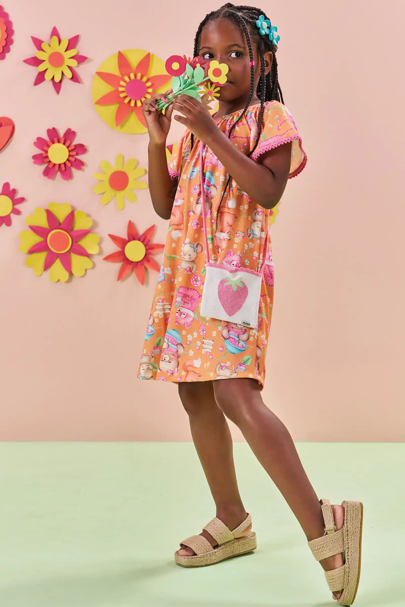 Vestido Infantil Kukiê Verão Laranja Festa dos Animais com Bolsinha