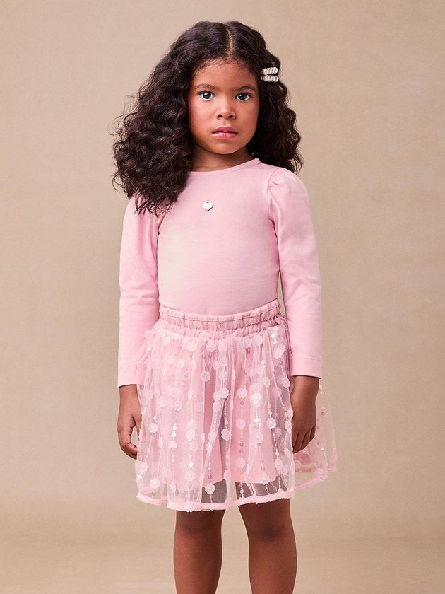 Conjunto Infantil Animê Inverno Com Saia Tule Florzinha e Blusa Rosa
