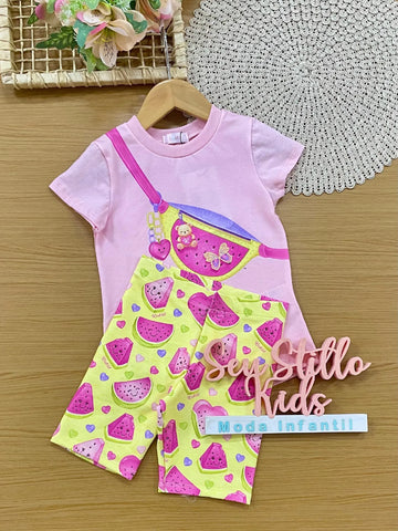 Conjunto Infantil Menina Kukiê com Shorts Amarelo e Blusa Rosa Bolsinha Melancia