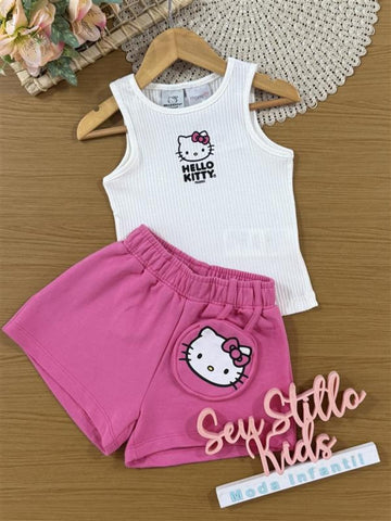 Conjunto Infantil Momi Verão Shorts com Bolsinha Rosa e Regata Branca Hello Kitty