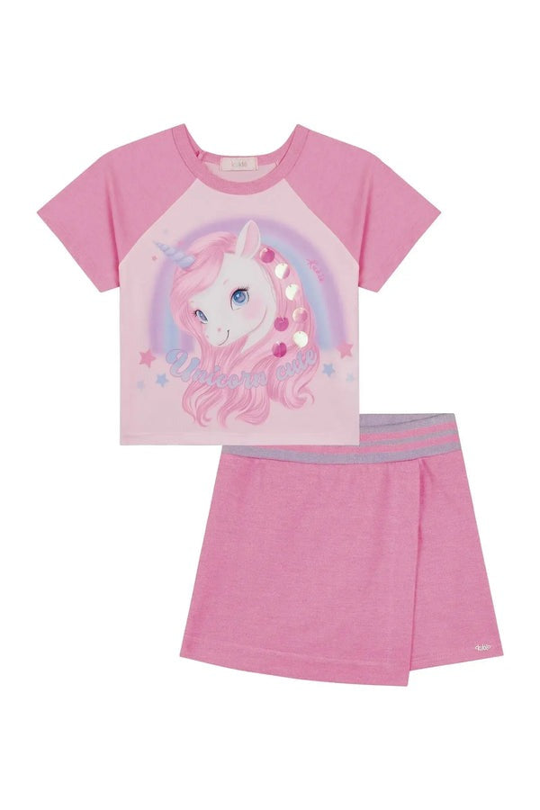 Conjunto Infantil Kukiê Verão com Shorts Saia e Blusa Rosa Unicórnio