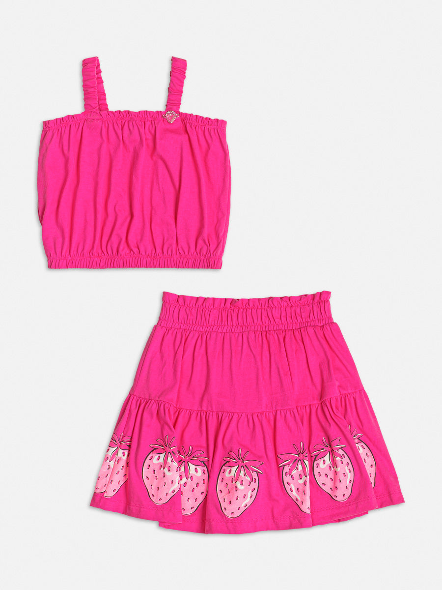 Conjunto Infantil Momi Verão Saia e Cropped Rosa Morango