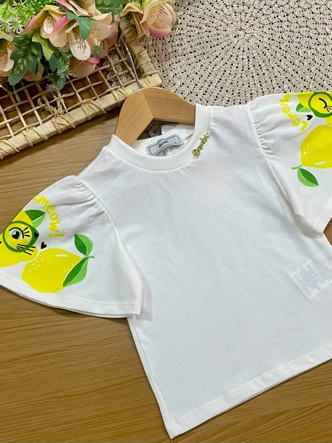 Blusa Infantil Menina Bimbi Branca Gatinho Limão