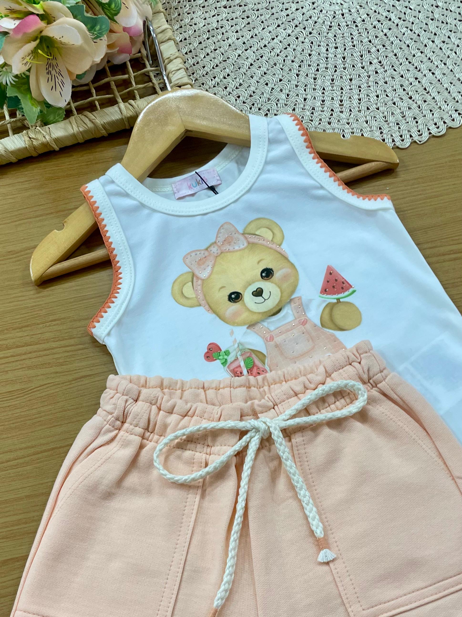 Conjunto Infantil Menina Kukiê com Shorts e Regata Branca Ursinha Melancia Strass