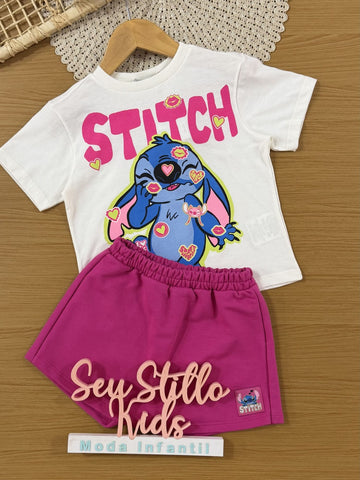 Conjunto Infantil Bimbi Inverno com Shorts-Saia Rosa e Blusa Branca Stitch Disney