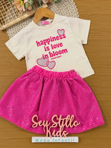 Conjunto Infantil Momi Inverno com Saia Rosa e Blusa Manga Longa Happiness