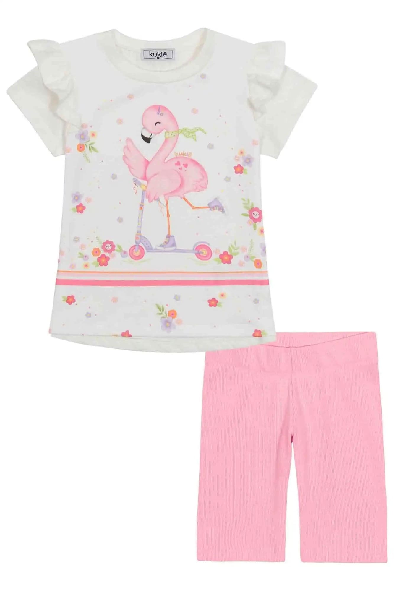 Conjunto Infantil Kukiê com Shorts Ciclista Rosa e Blusa Manga Curta Flamingo