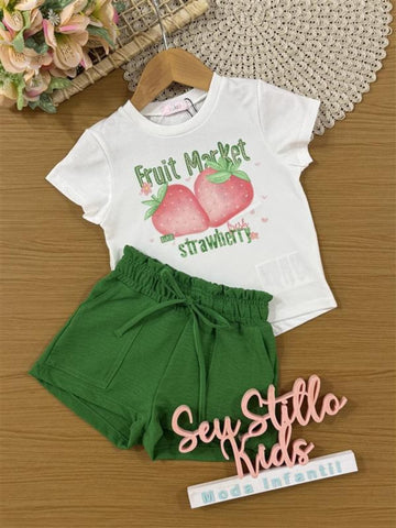 Conjunto Infantil Kukiê Verão com Shorts Verde e Blusa Branca Moranguinho