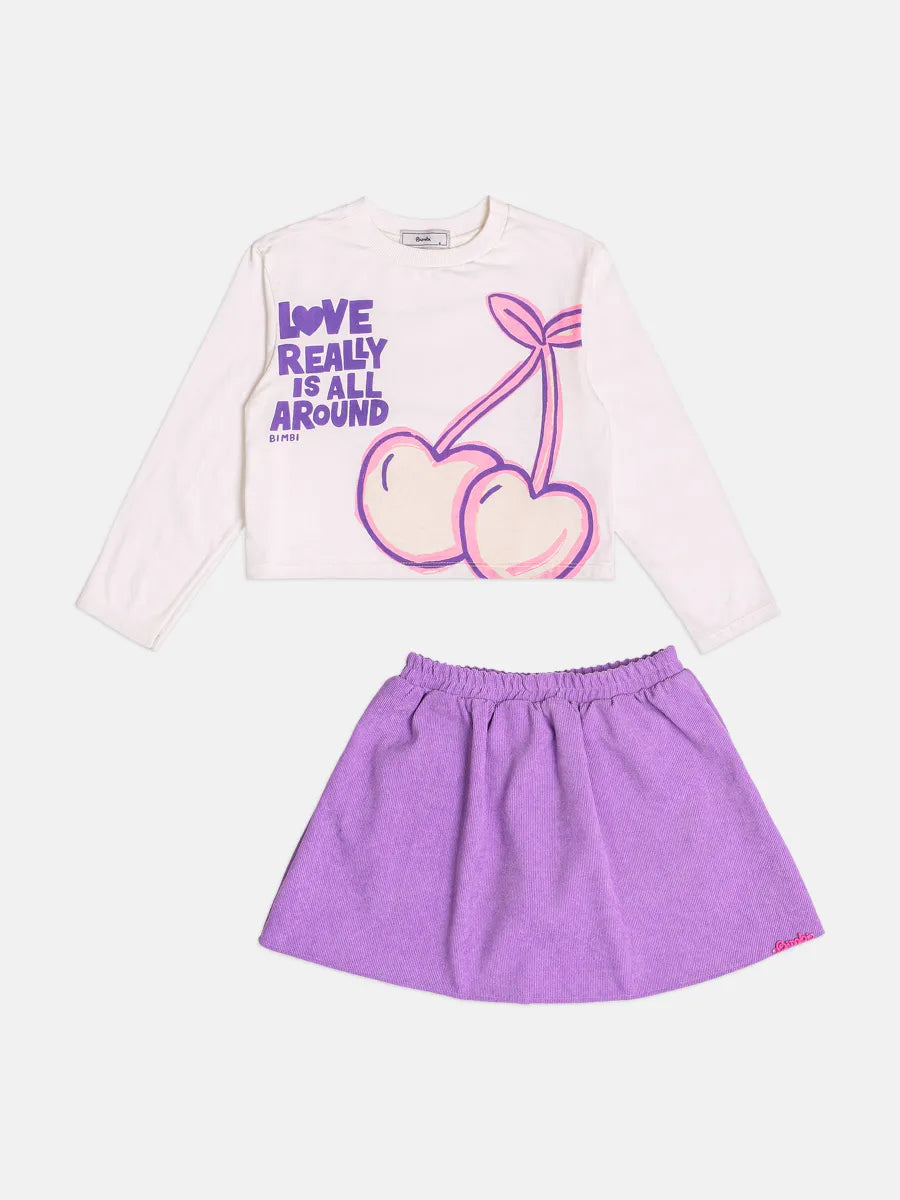 Conjunto Infantil Bimbi Inverno com Saia Roxa e Blusa Branca Manga Longa Uvinha