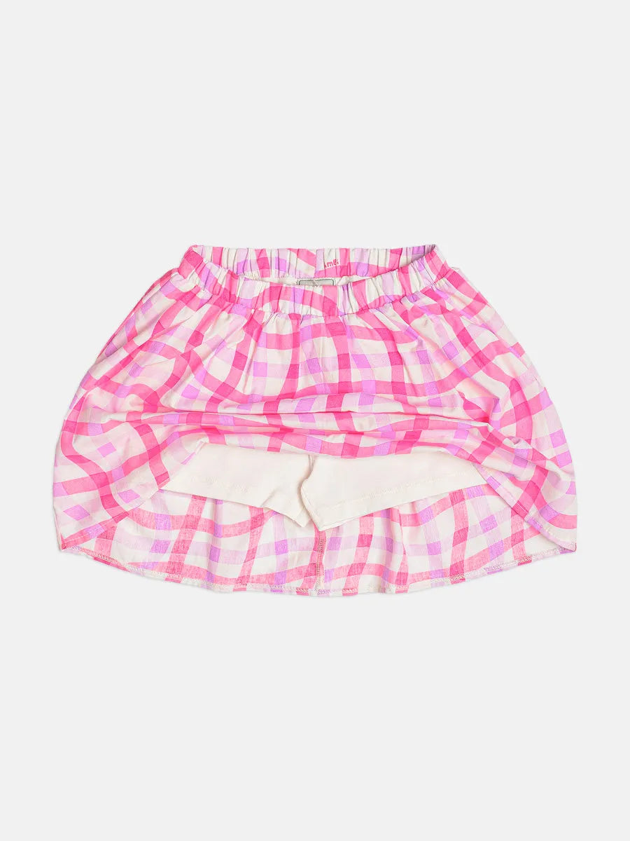 Conjunto Infantil Menina Bimbi com Saia Xadrez Rosa e Blusa Branca Laranjinhas