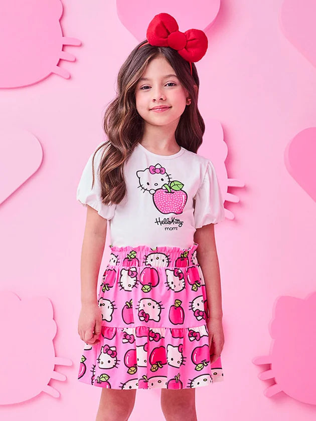 Conjunto Infantil Momi Verão Saia Rosa e Blusa Hello Kitty