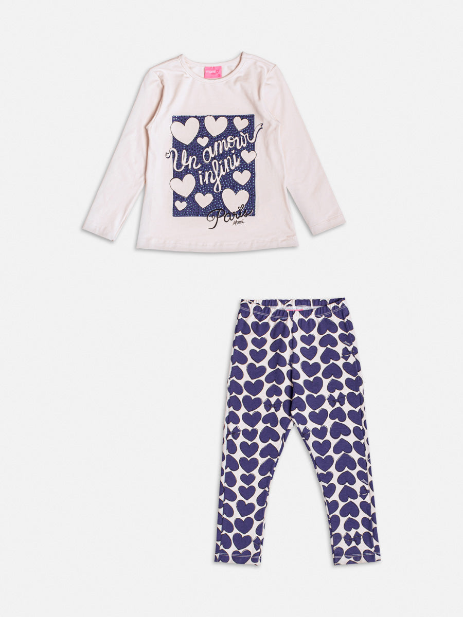 Conjunto Infantil Momi Inverno com Calça e Blusa Bege Corações