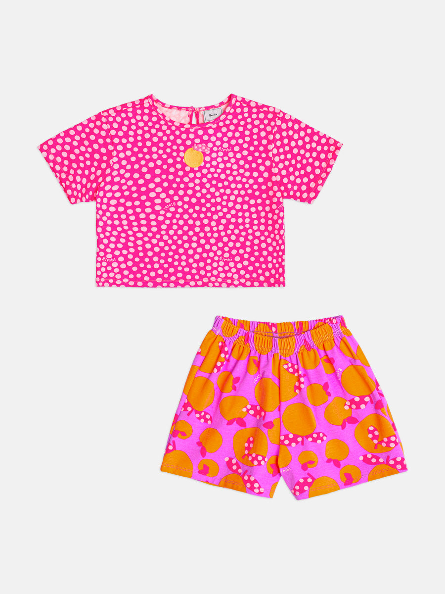 Conjunto Infantil Menina Bimbi Shorts Roxo e Blusa Rosa Poá