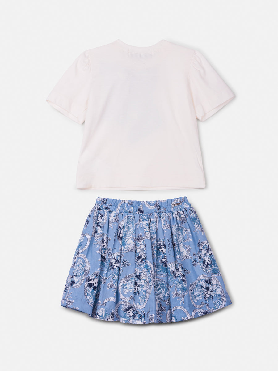 Conjunto Infantil Animê Inverno Saia Azul e Blusa Lacinho Mickey e Minnie Disney