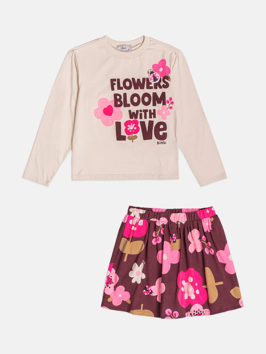 Conjunto Infantil Bimbi Inverno com Saia e Blusa Bege Flowers