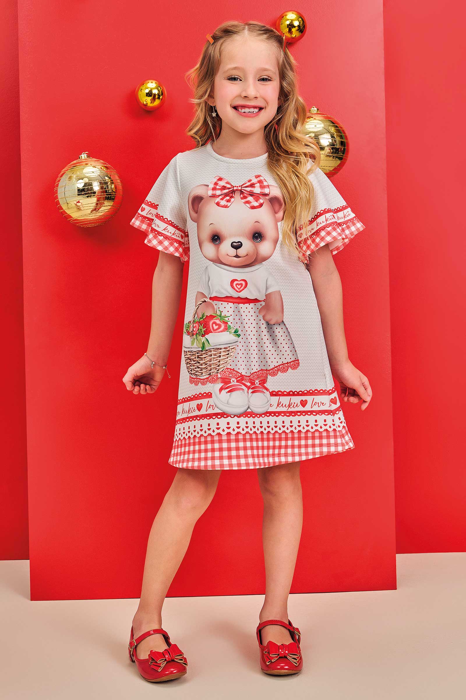 Vestido infantil Kukie Verão Xadrez Vermelho Ursinha