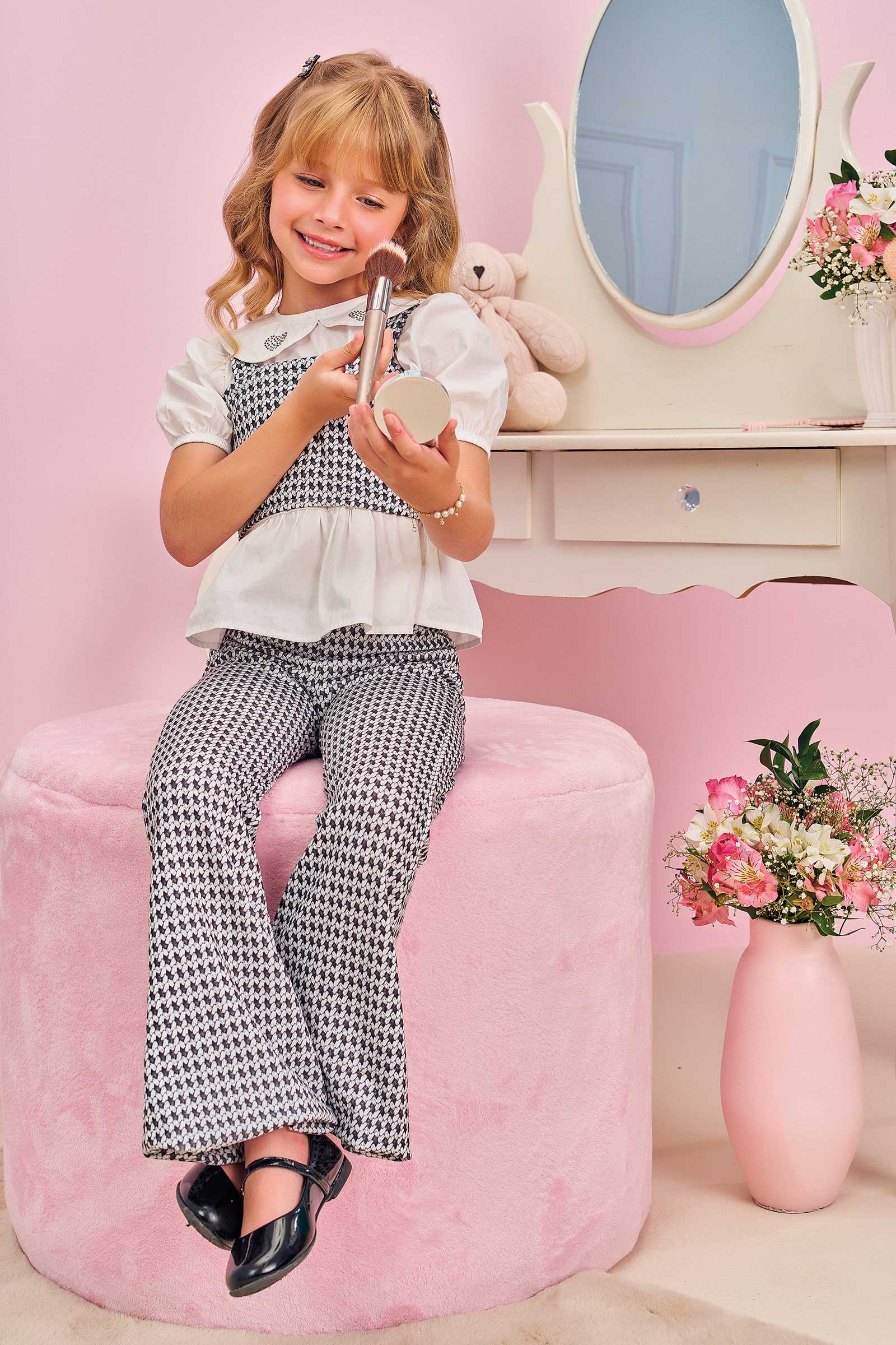 Conjunto Infantil Kukie Verão Calça e Blusa e Colete Branco e Preto