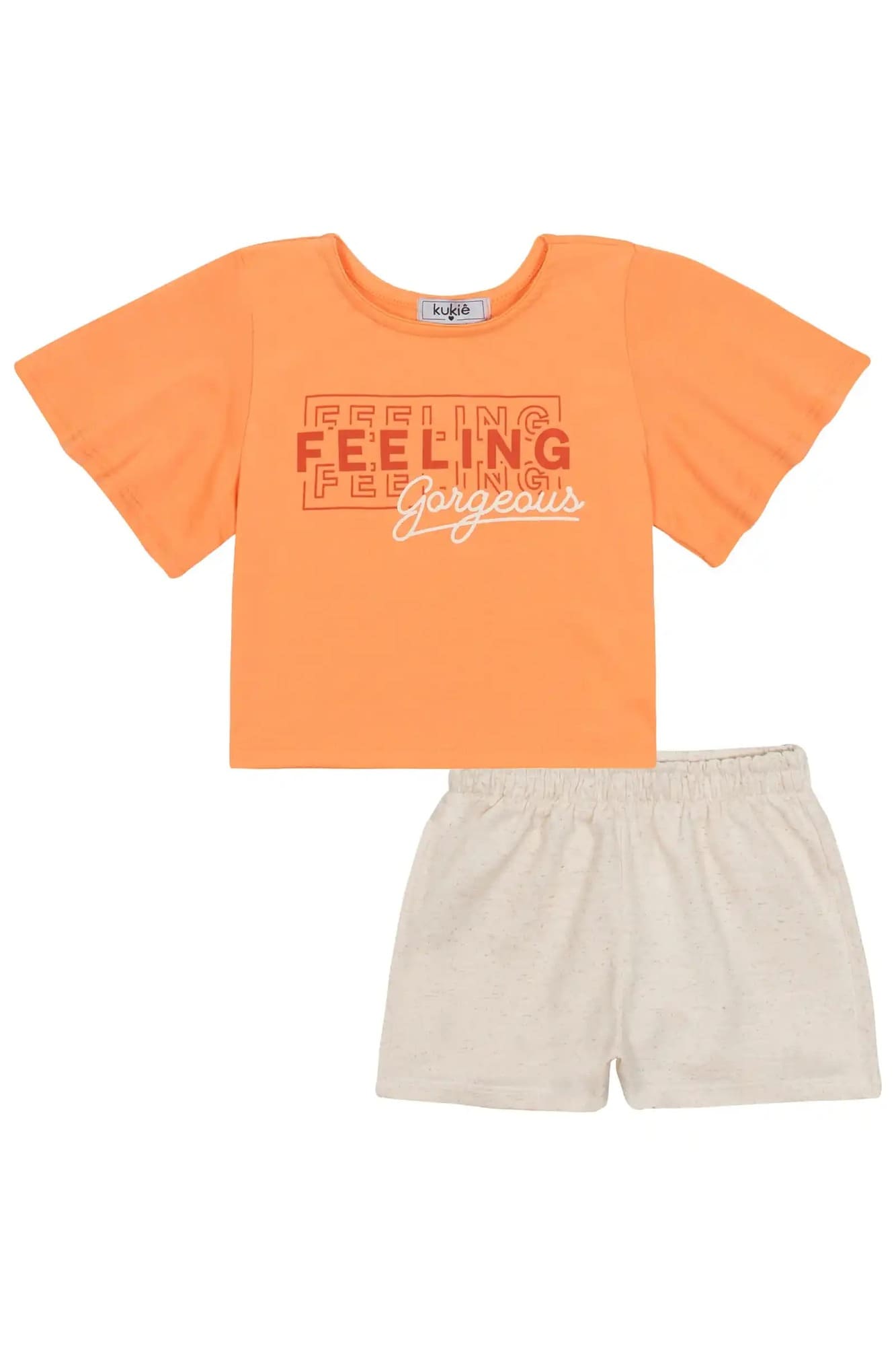 Conjunto Infantil Kukiê com Shorts Off White e Blusa Manga Curta Laranja Feeling