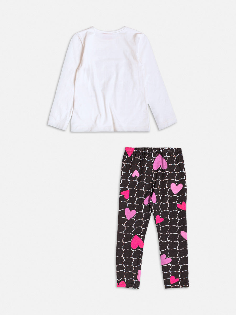 Conjunto Infantil Momi Inverno com Calça Preta e Blusa Branca Corações com Strass