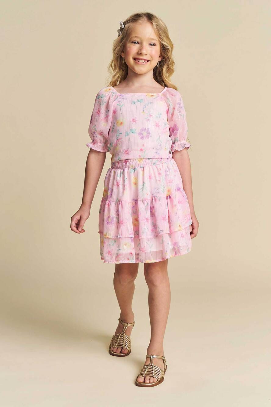 Conjunto Infantil Kukie Verão Saia e Blusa Chiffon Rosa Floral