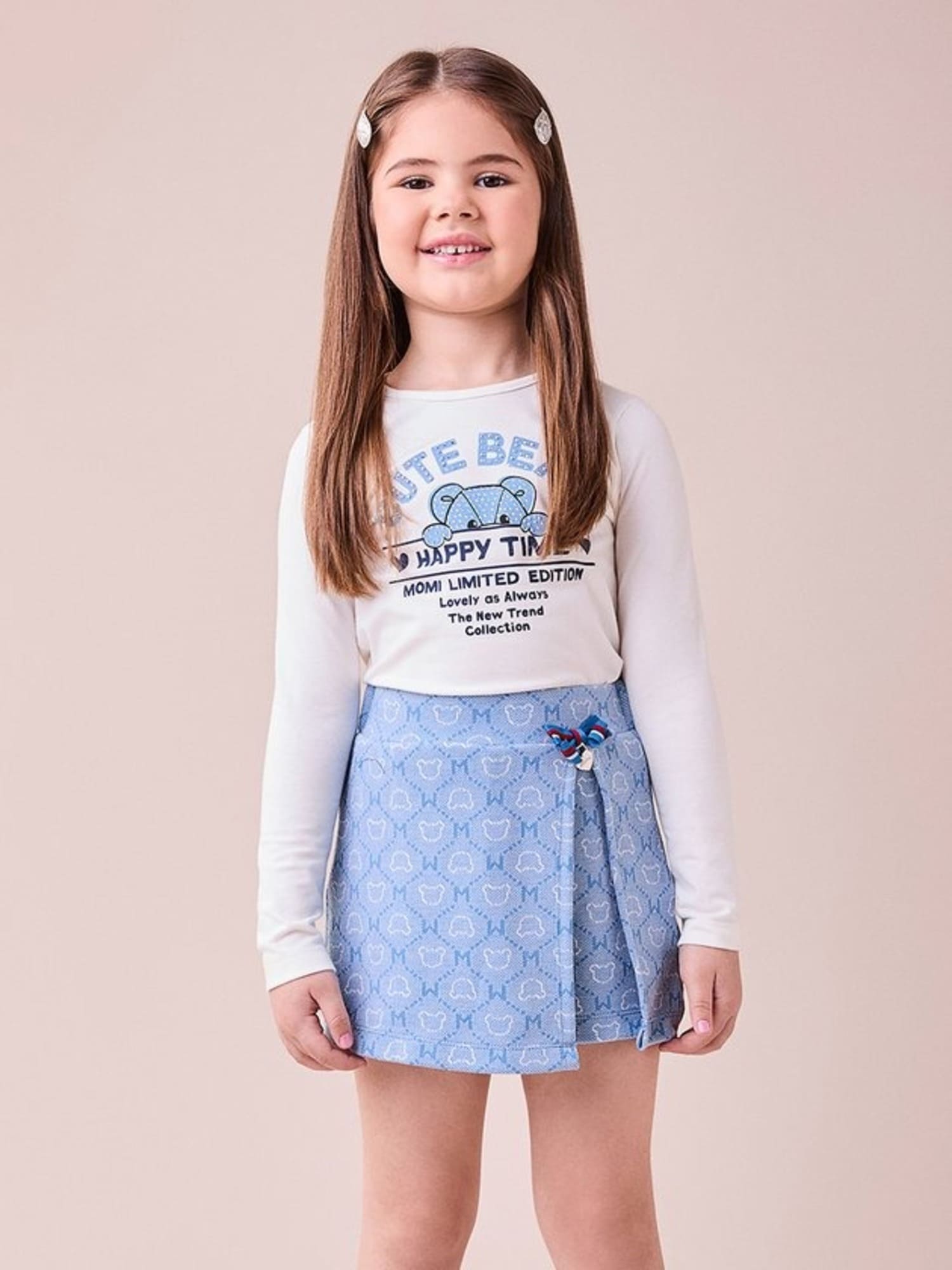 Conjunto Infantil Momi Inverno com Short Saia Azul e Blusa Branca Ursinho