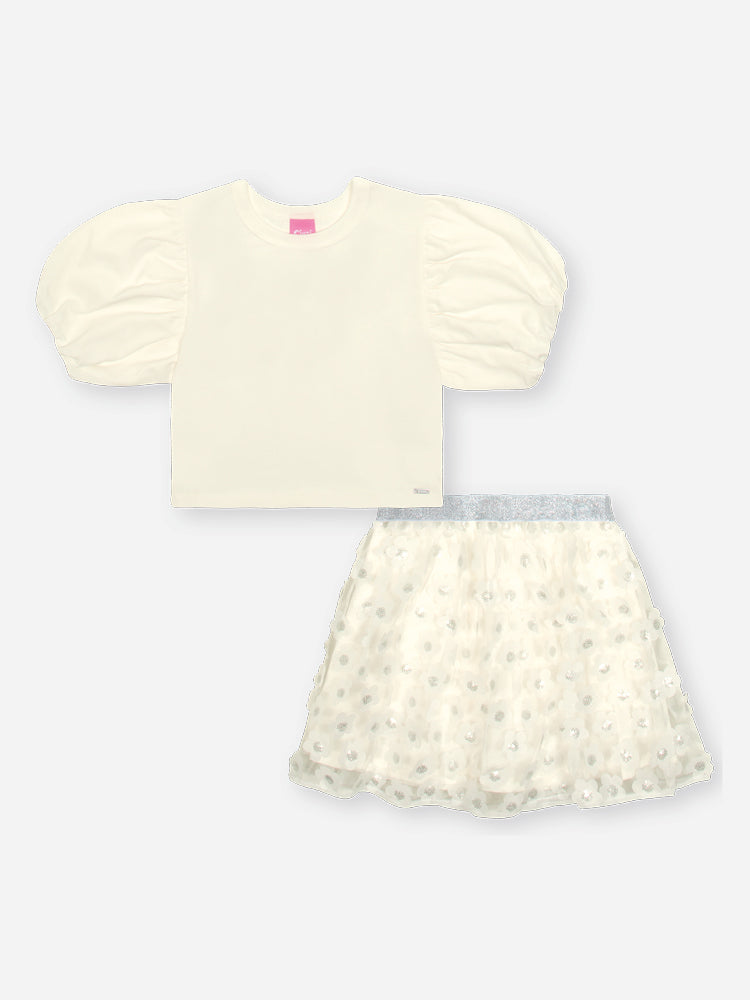 Conjunto Infantil Cinti Verão com Saia em Tule Florzinha e Blusa Branca