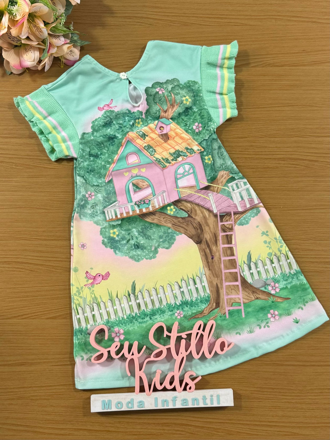 Vestido Infantil Kukie Inverno Manga Curta Casa na Árvore