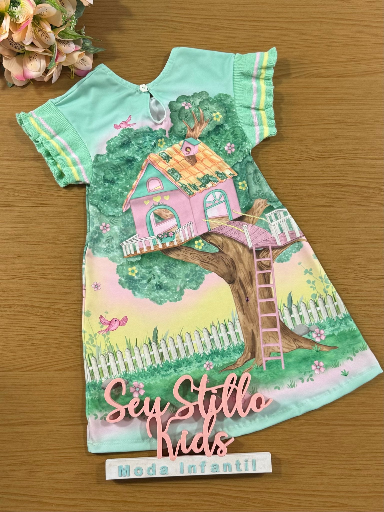 Vestido Infantil Kukie Inverno Manga Curta Casa na Árvore
