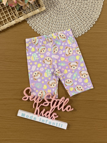 Shorts Infantil Kukiê Verão Ciclista Lilás Ursinha Floral