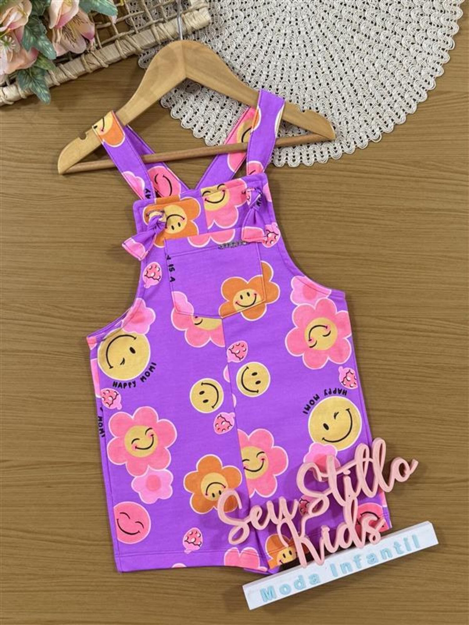 Jardineira Infantil Momi Verão Roxa Floral Smile
