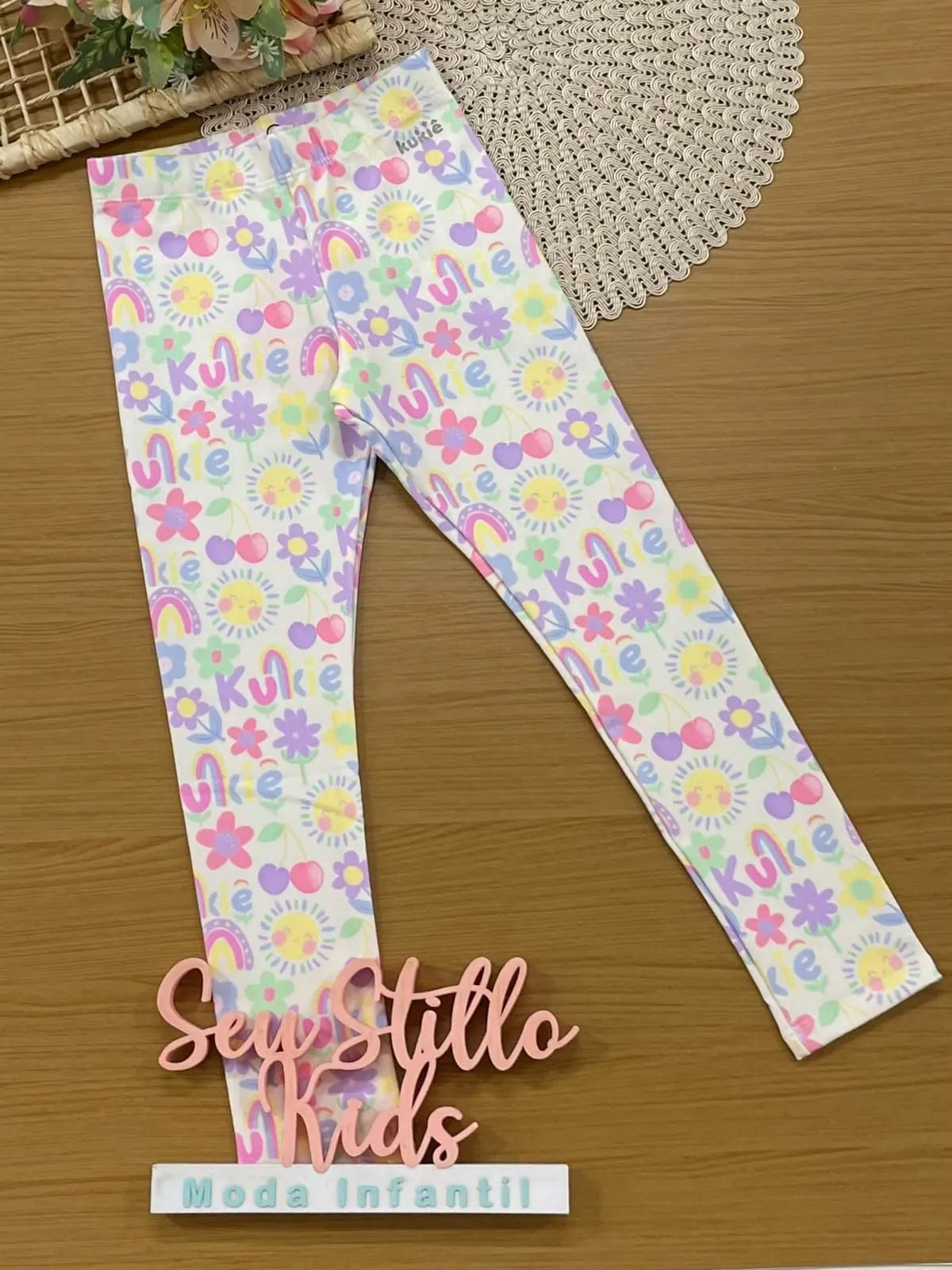 Calça Legging Infantil Kukiê Off White Verão Flores